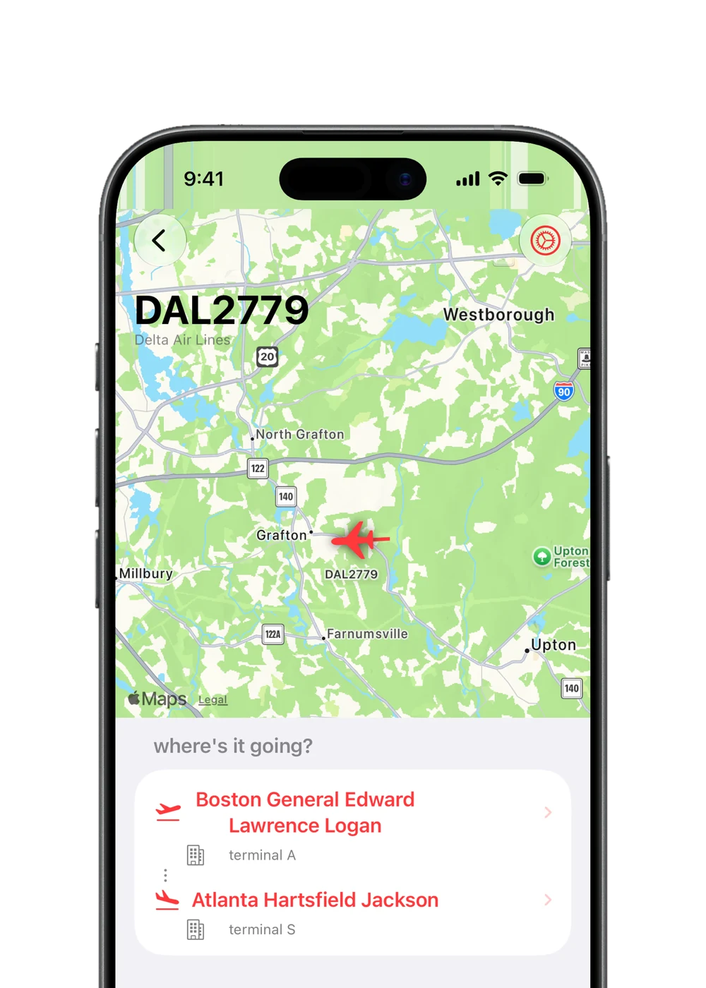 Takeoff screen showing flight destination