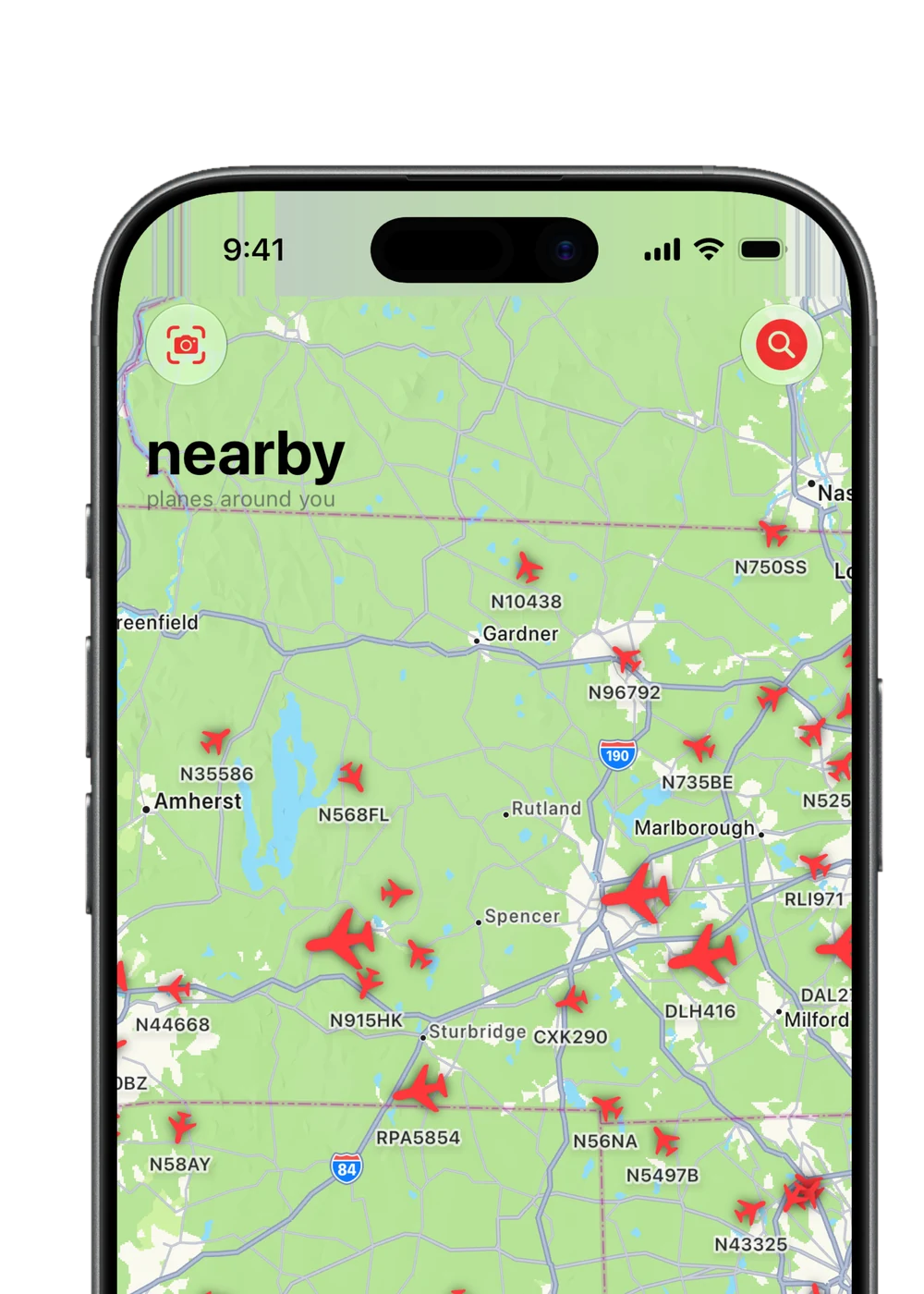 Takeoff map screen showing nearby planes