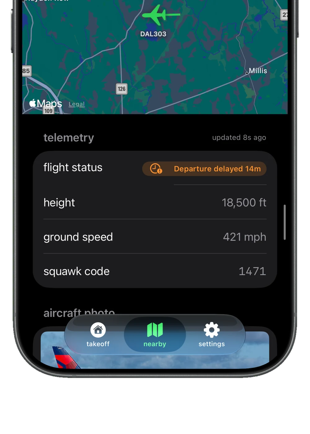 Takeoff telemetry screen